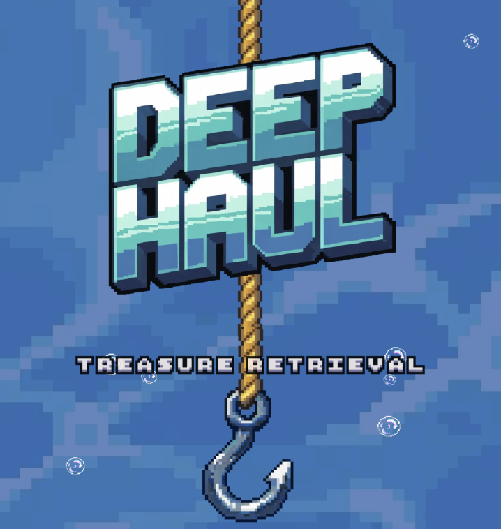 Deep Haul title — Treasure Retrieval pixel-art logo with hook on rope descending into the ocean
